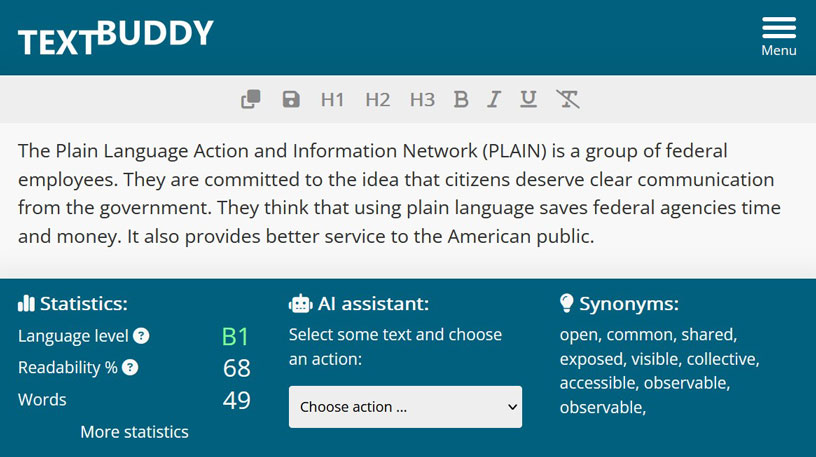 Textbuddy simplified a text by plainlanguage.gov with its AI