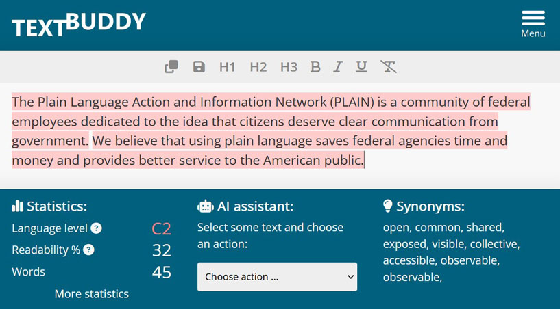 Textbuddy checks the readability of plainlanguage.gov