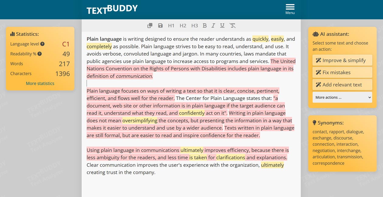 Textbuddy Text Analyzer Screenshot