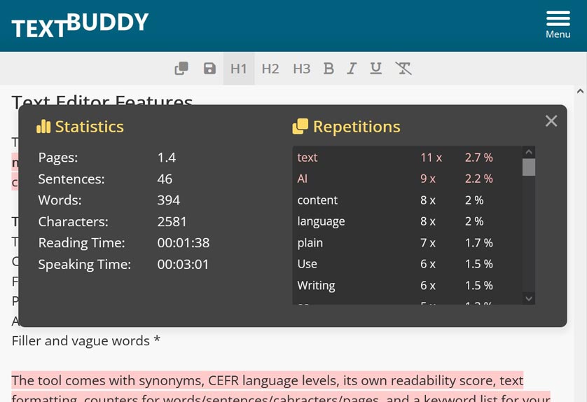 Textbuddy Text Statistics Screenshot